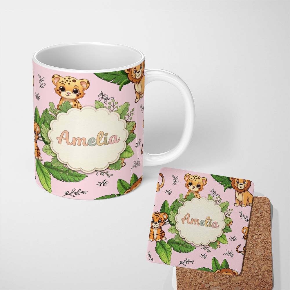 Personalized Custom Name Cute Jungle Animals Lion Tiger Leopard Soft Beige Background Lovely 11oz Ceramic Coffee Tea Mug White Large Handle