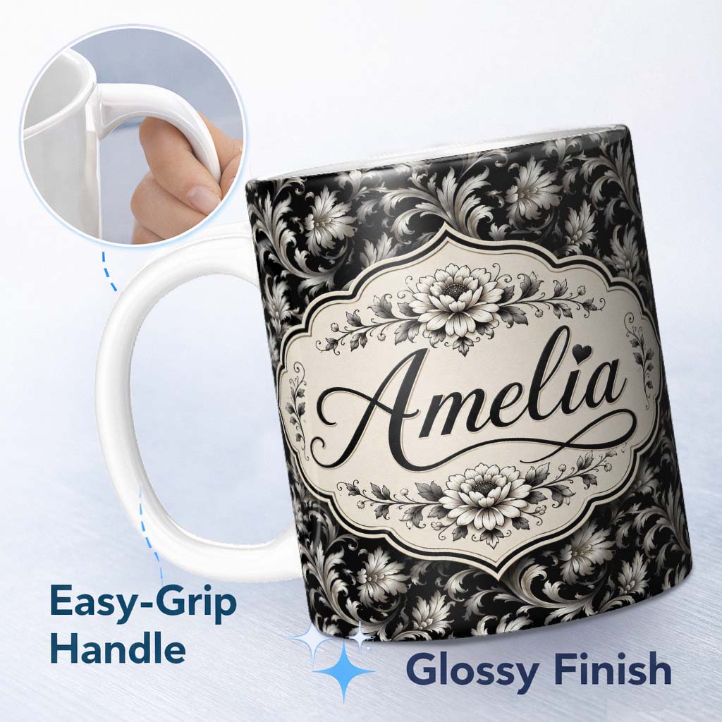Personalized Custom Name Luxury Black and Silver Floral Baroque Seamless Pattern Lovely 11oz Ceramic Coffee Tea Mug White Large Handle