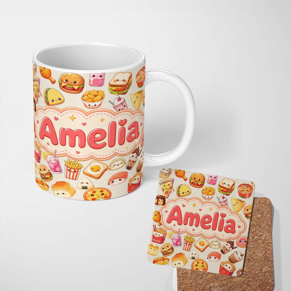 Personalized Custom Name Kawaii Fast Food Burger Sushi Taco Pizza Cream Seamless Pattern 11oz Ceramic Coffee Tea Mug White Large Handle