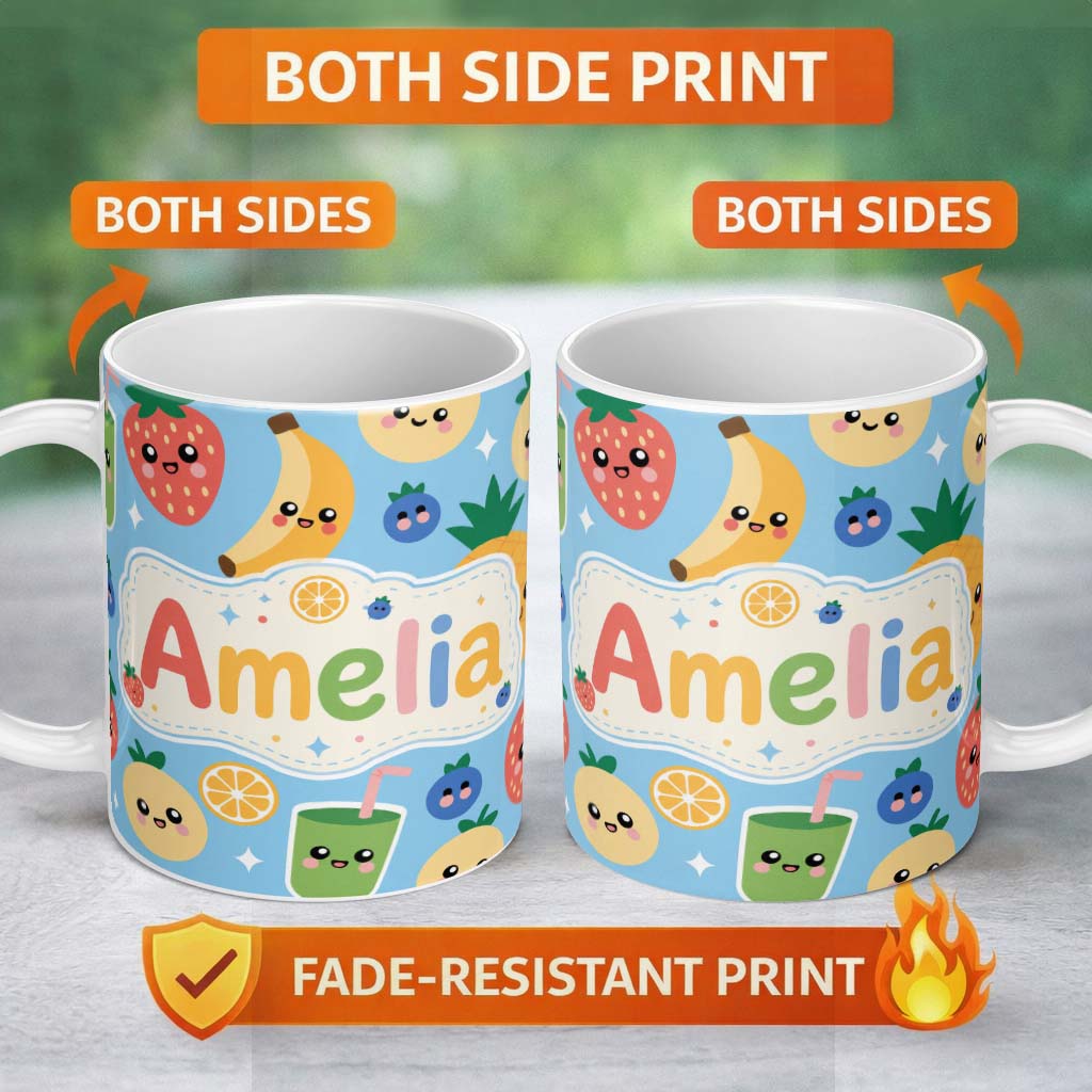 Personalized Custom Name Cute Kawaii Fruits Smoothie Banana Strawberry Pineapple Seamless 11oz Ceramic Coffee Tea Mug White Large Handle