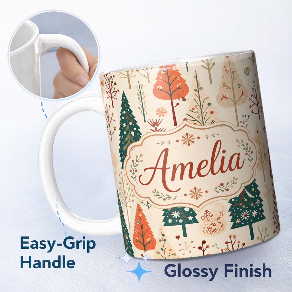 Personalized Custom Name Scandinavian Style Christmas Trees Forest Seamless Pattern Lovely 11oz Ceramic Coffee Tea Mug White Large Handle
