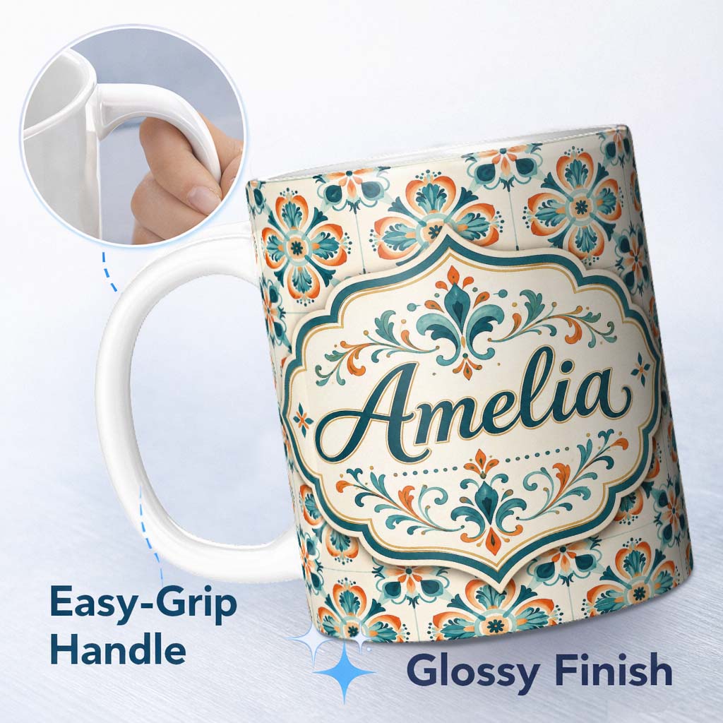 Personalized Custom Name Decorative Floral Tile Pattern Teal Orange and Cream Seamless Lovely 11oz Ceramic Coffee Tea Mug White Large Handle