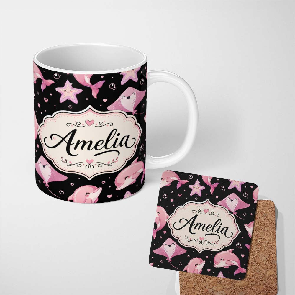 Personalized Custom Name Cute Pink Dolphins and Starfish Seamless Ocean Pattern Black Lovely 11oz Ceramic Coffee Tea Mug White Large Handle