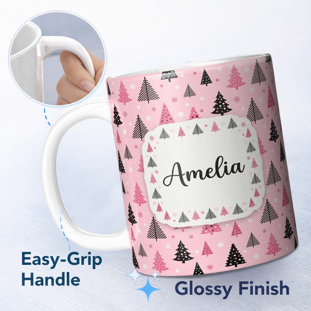 Personalized Custom Name Modern Pink Black Christmas Tree Snowflake Seamless Pattern Lovely 11oz Ceramic Coffee Tea Mug White Large Handle