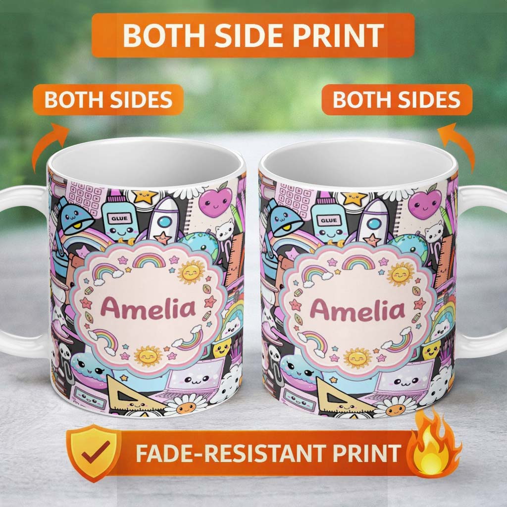 Personalized Custom Name Cute Kawaii School Supplies Rainbow Sun Globe Notebook Pattern Grey 11oz Ceramic Coffee Tea Mug White Large Handle