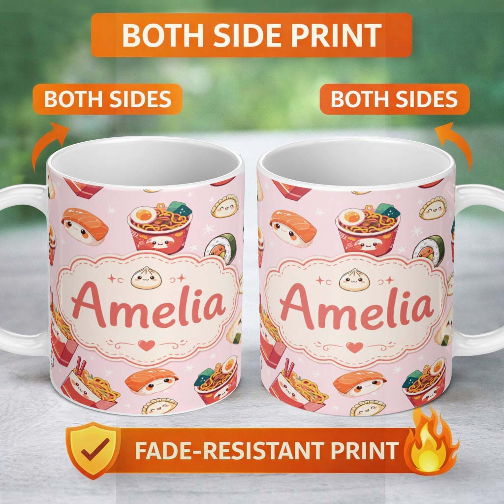 Personalized Custom Name Cute Kawaii Sushi Ramen Dumpling Food Pink Background Seamless 11oz Ceramic Coffee Tea Mug White Large Handle