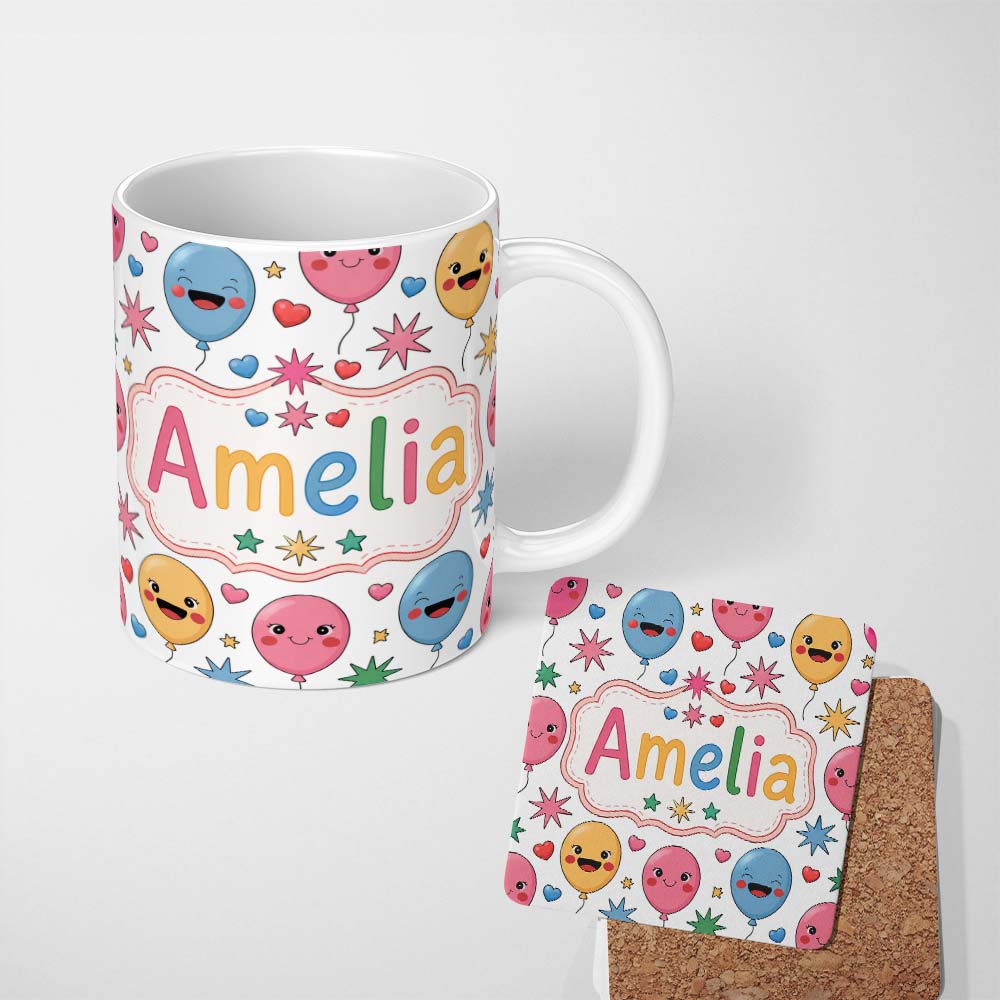 Personalized Custom Name Cute Colorful Balloons Hearts and Starbursts Party Seamless Pattern 11oz Ceramic Coffee Tea Mug White Large Handle