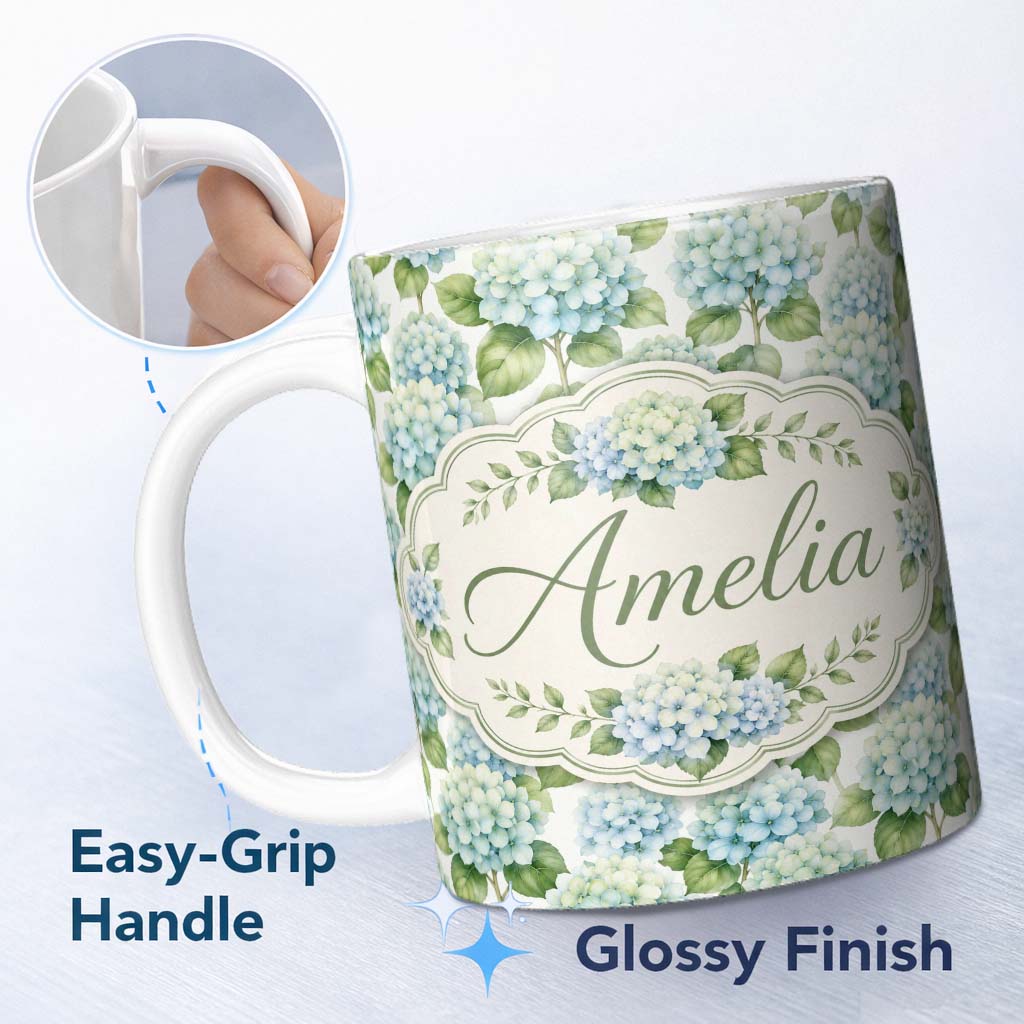 Personalized Custom Name Soft Aqua Blue Hydrangea Floral Seamless Pattern Cute Unique Gift 11oz Ceramic Coffee Tea Mug White Large Handle