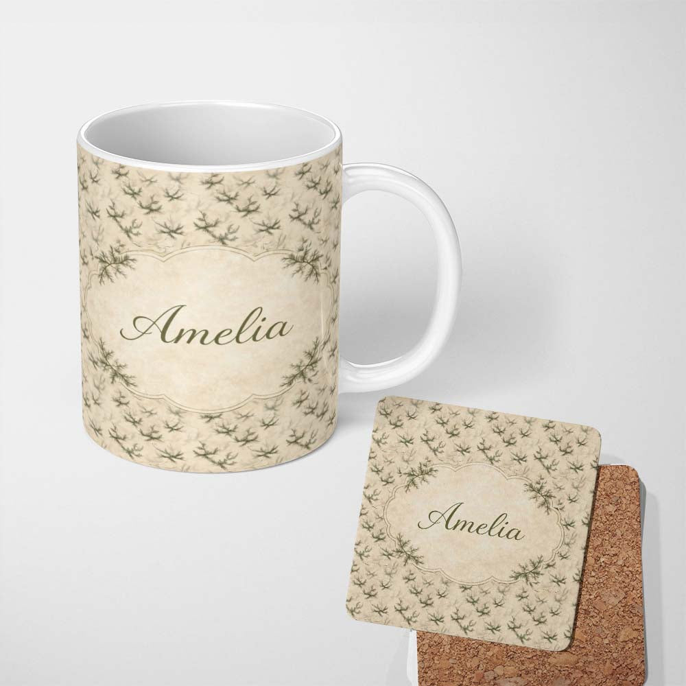 Personalized Custom Name Dense Pine Foliage Pattern with Layered Branch Texture Lovely 11oz Ceramic Coffee Tea Mug White Large Handle