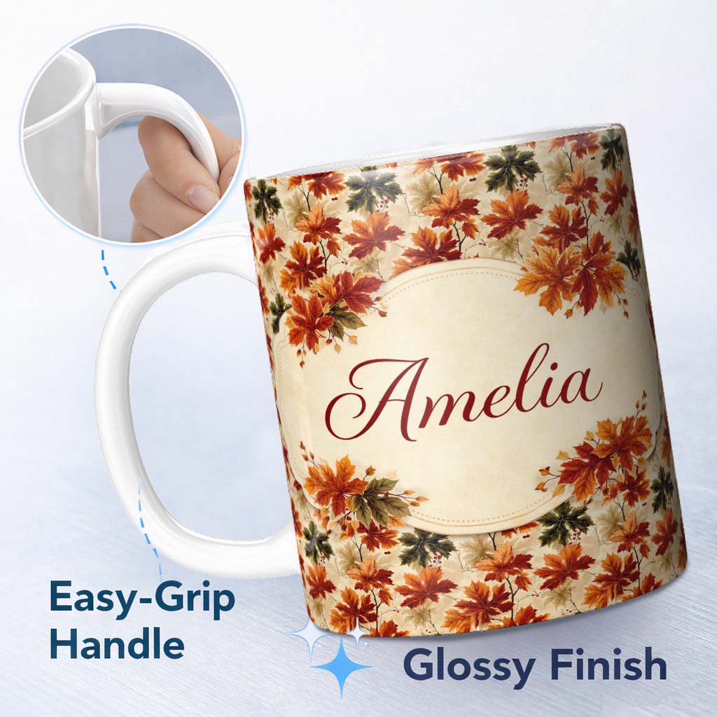 Personalized Custom Name Vintage Fleur de Lis Pattern in Soft Sage Green and Warm Beige 11oz Ceramic Coffee Tea Mug White Large Handle
