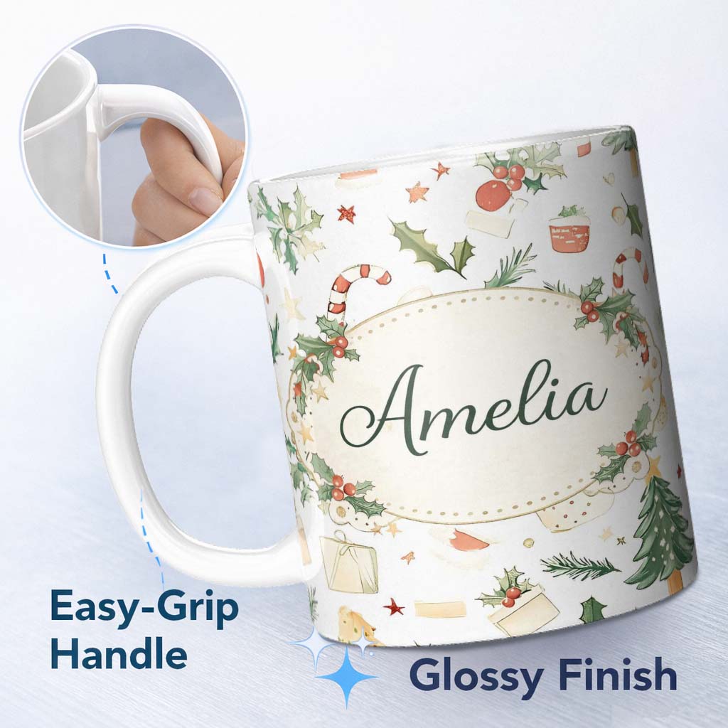 Personalized Custom Name Rustic Christmas Elements Holly Candy Cane Pattern Seamless Design 11oz Ceramic Coffee Tea Mug White Large Handle