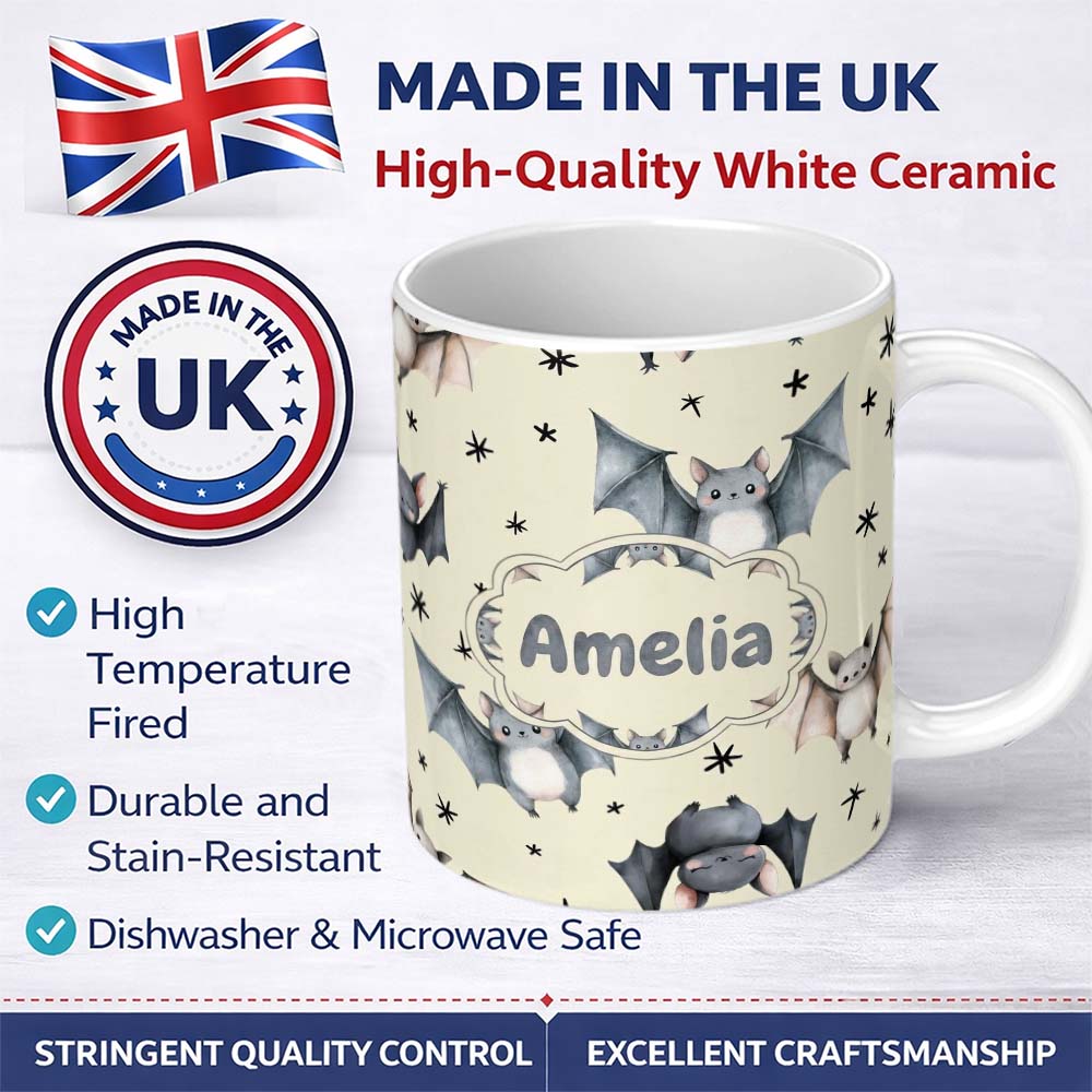 Personalized Custom Name Cute Baby Bats with Stars Night Sky Beige Background Seamless 11oz Ceramic Coffee Tea Mug White Large Handle