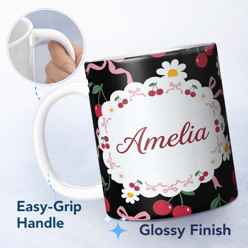 Personalized Custom Name Cute Cherry and Daisy Flowers with Pink Ribbon Bows Pattern Black 11oz Ceramic Coffee Tea Mug White Large Handle