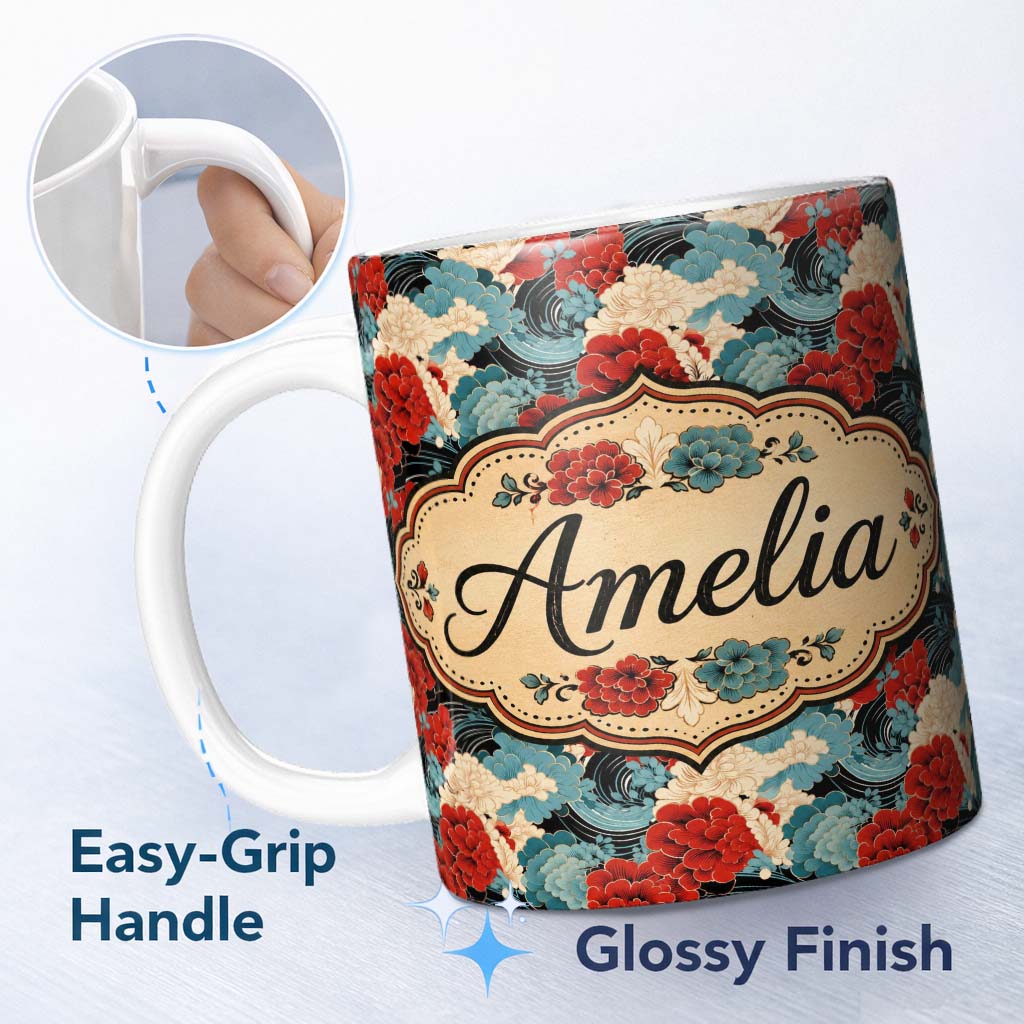 Personalized Custom Name Japanese Style Floral Waves with Red Blue and Cream Blossoms Lovely 11oz Ceramic Coffee Tea Mug White Large Handle