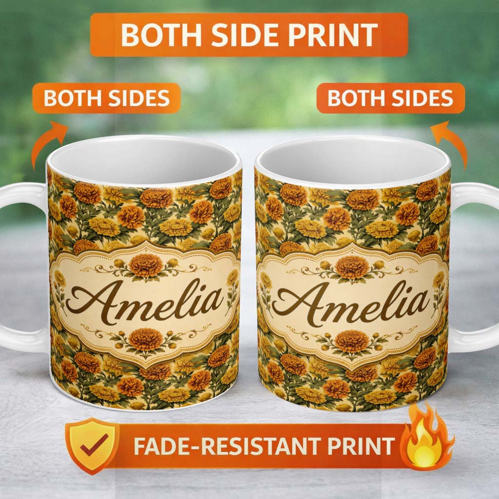 Personalized Custom Name Bold Vintage Orange Poppy Floral Pattern on Warm Beige Background 11oz Ceramic Coffee Tea Mug White Large Handle