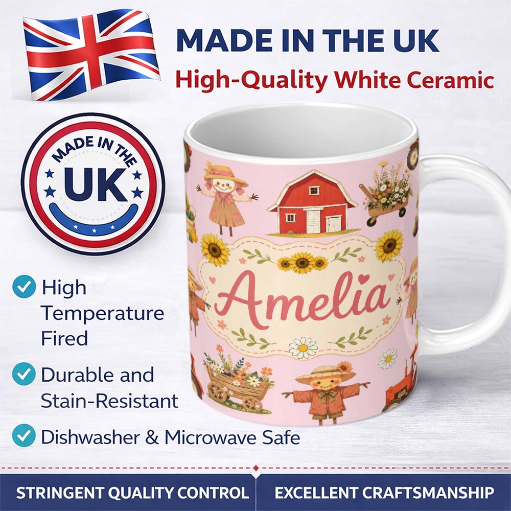 Personalized Custom Name Cute Autumn Scarecrow Barn Flowers Seamless Pattern Pink Background 11oz Ceramic Coffee Tea Mug White Large Handle