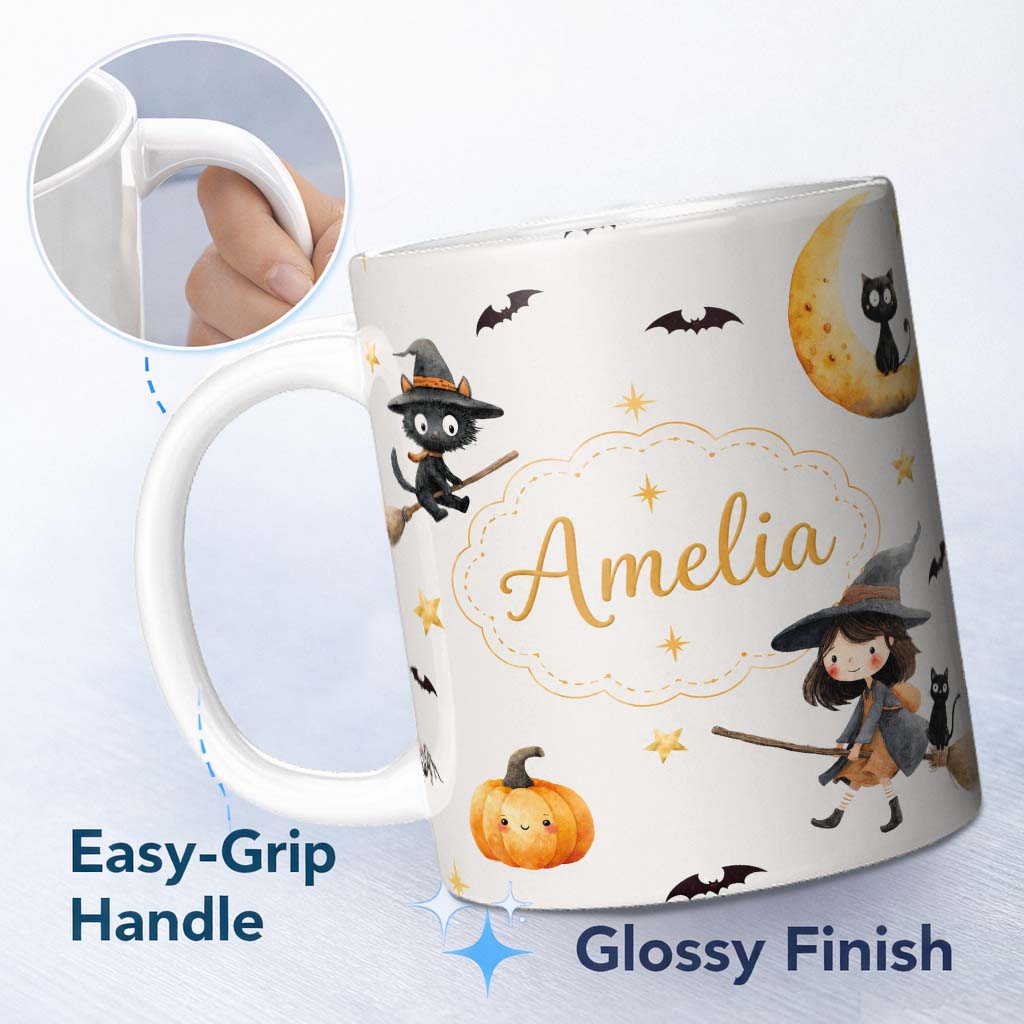 Personalized Custom Name Cute Halloween Witch Girl Cat and Crescent Moon Light Grey Lovely 11oz Ceramic Coffee Tea Mug White Large Handle