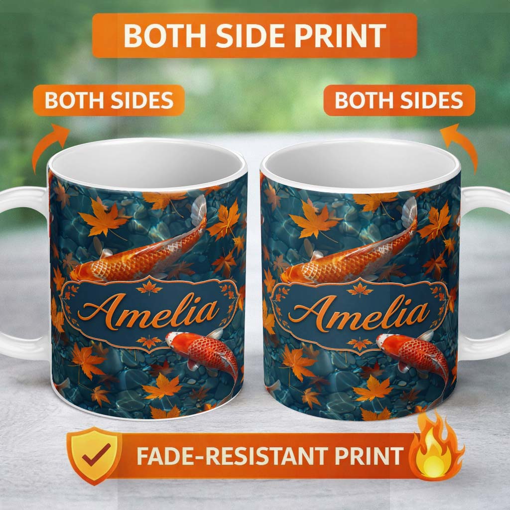 Personalized Custom Name Koi Fish in Clear Blue Water with Autumn Leaves Pattern Nature 11oz Ceramic Coffee Tea Mug White Large Handle