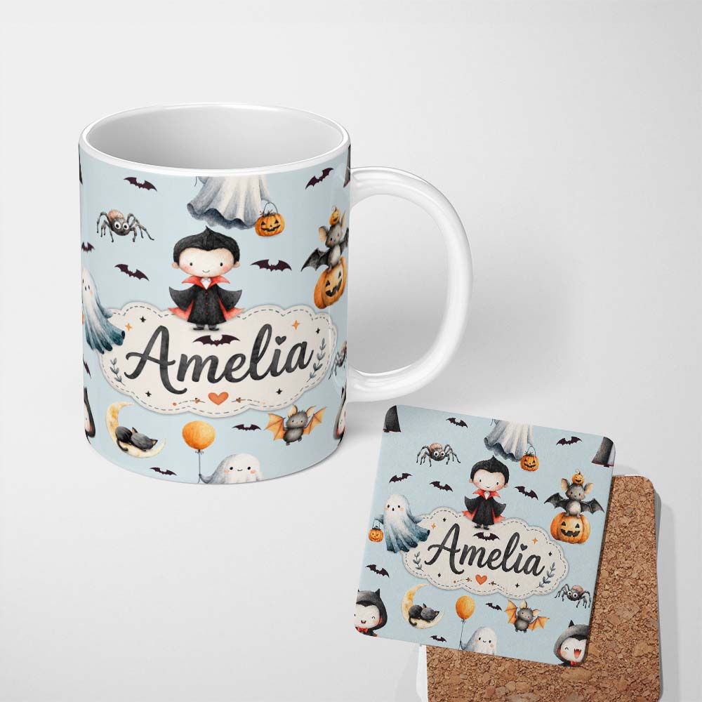 Personalized Custom Name Halloween Vampire Ghost Bats Spooky Characters Pale Blue Seamless 11oz Ceramic Coffee Tea Mug White Large Handle