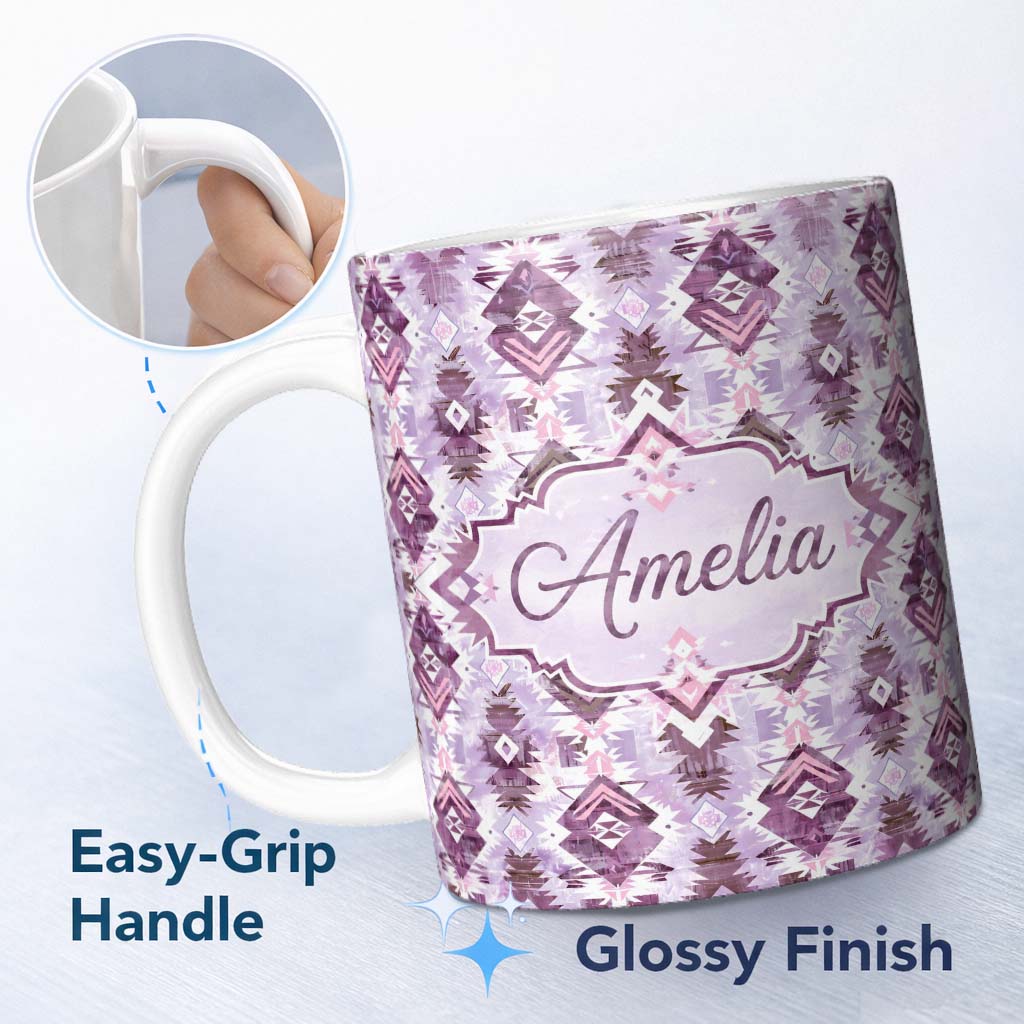 Personalized Custom Name Purple and Lilac Tribal Aztec Geometric Seamless Pattern Lovely 11oz Ceramic Coffee Tea Mug White Large Handle
