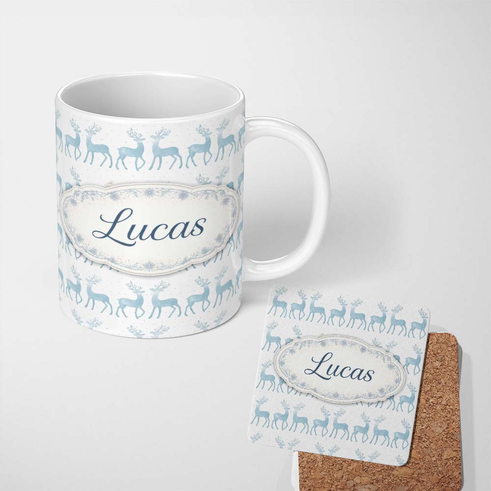 Personalized Custom Name Blue Glitter Reindeer Christmas White Background Seamless Pattern 11oz Ceramic Coffee Tea Mug White Large Handle