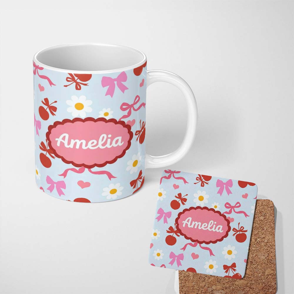Personalized Custom Name Cute Cherry and Bow Motif with Daisy Flowers Pattern Playful Girly 11oz Ceramic Coffee Tea Mug White Large Handle