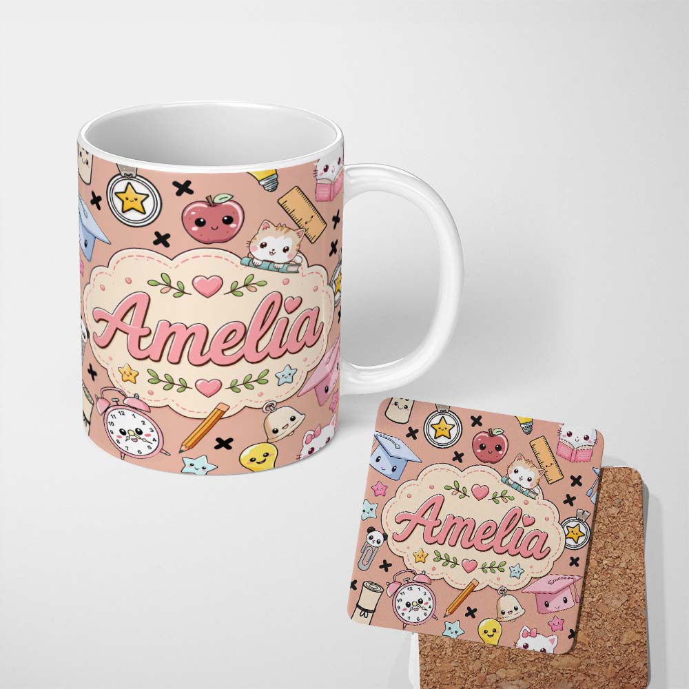Personalized Custom Name Cute Kawaii School Cat Books Apple Clock Supplies Pattern Peach 11oz Ceramic Coffee Tea Mug White Large Handle