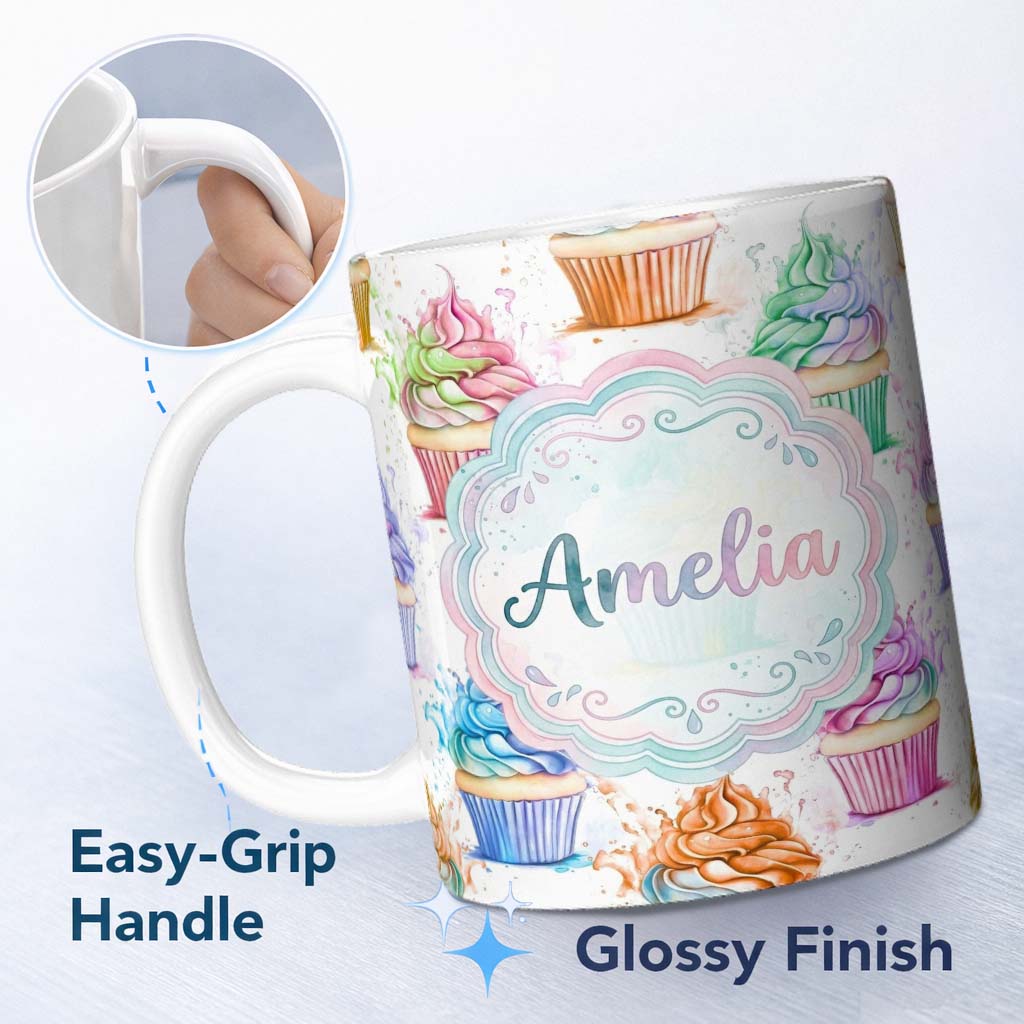 Personalized Custom Name Watercolor Cupcake Sweet Dessert Splash Seamless Pattern Lovely 11oz Ceramic Coffee Tea Mug White Large Handle