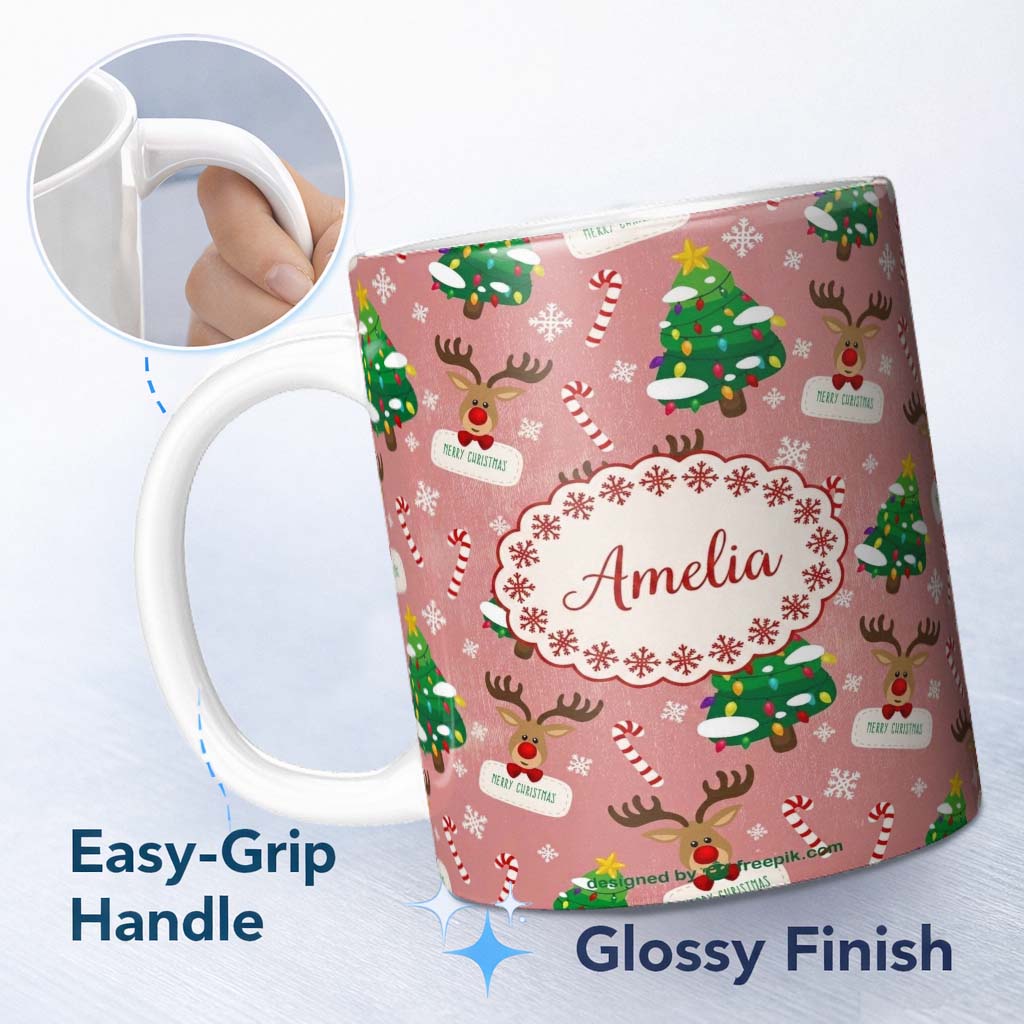 Personalized Custom Name Cute Reindeer Christmas Tree Candy Cane Merry Holiday Seamless 11oz Ceramic Coffee Tea Mug White Large Handle