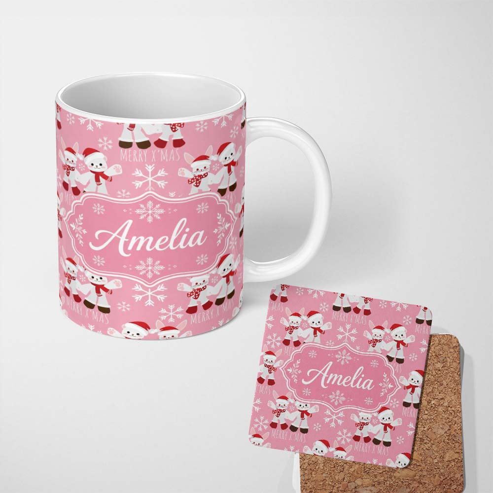Personalized Custom Name Cute Bunny Bear Merry Christmas Snowflake Seamless Pattern Lovely 11oz Ceramic Coffee Tea Mug White Large Handle