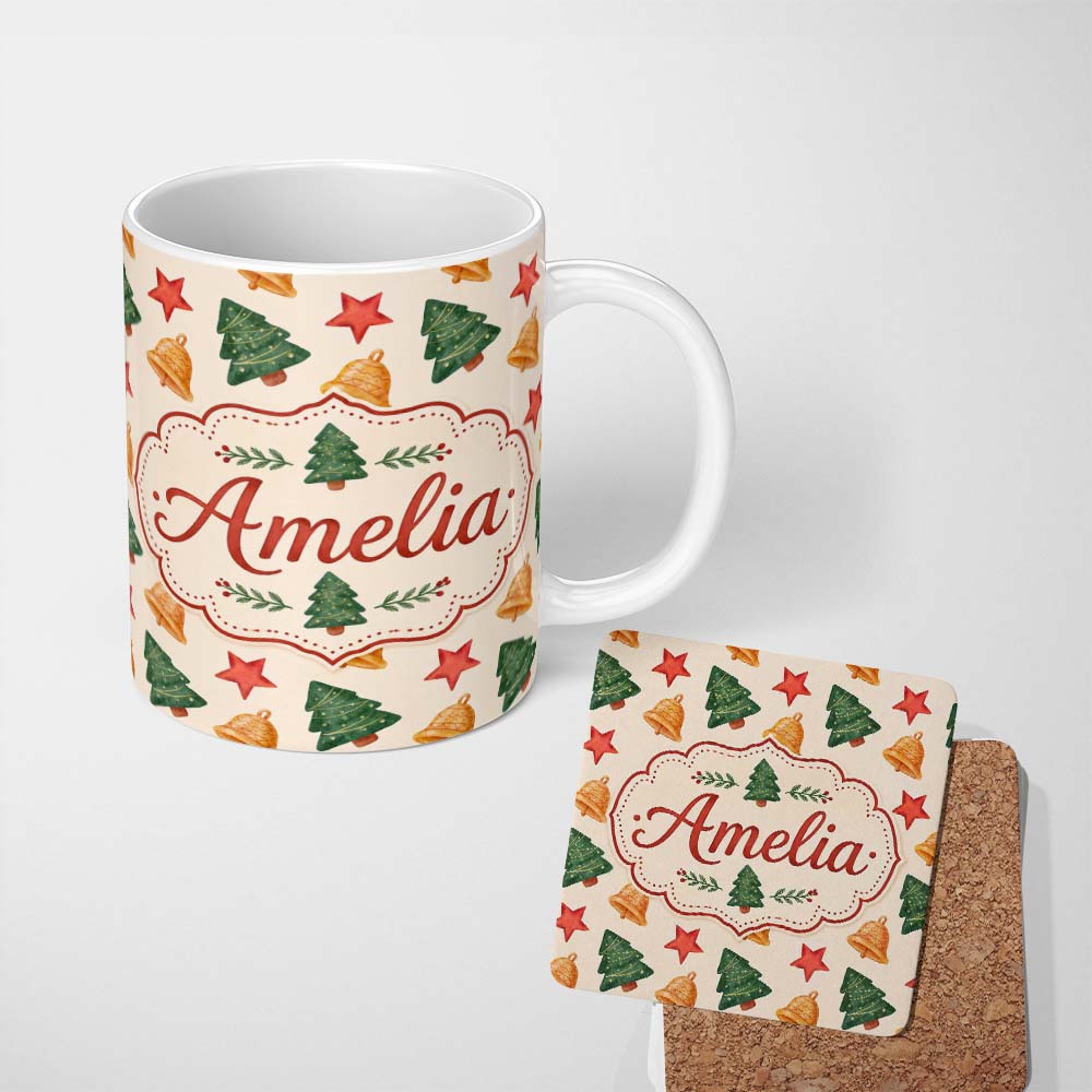 Personalized Custom Name Watercolor Christmas Bells Stars and Trees Seamless Pattern Lovely 11oz Ceramic Coffee Tea Mug White Large Handle