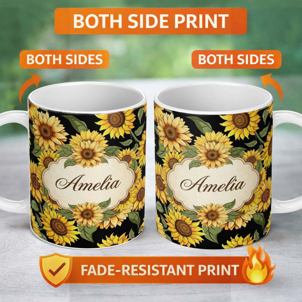 Personalized Custom Name Bright Sunflower Blooms with Green Leaves on White Background Lovely 11oz Ceramic Coffee Tea Mug White Large Handle