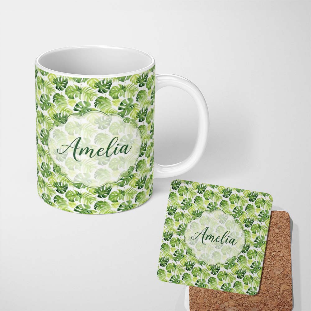 Personalized Custom Name Fresh Green Monstera and Palm Leaves Jungle Seamless Pattern Lovely 11oz Ceramic Coffee Tea Mug White Large Handle