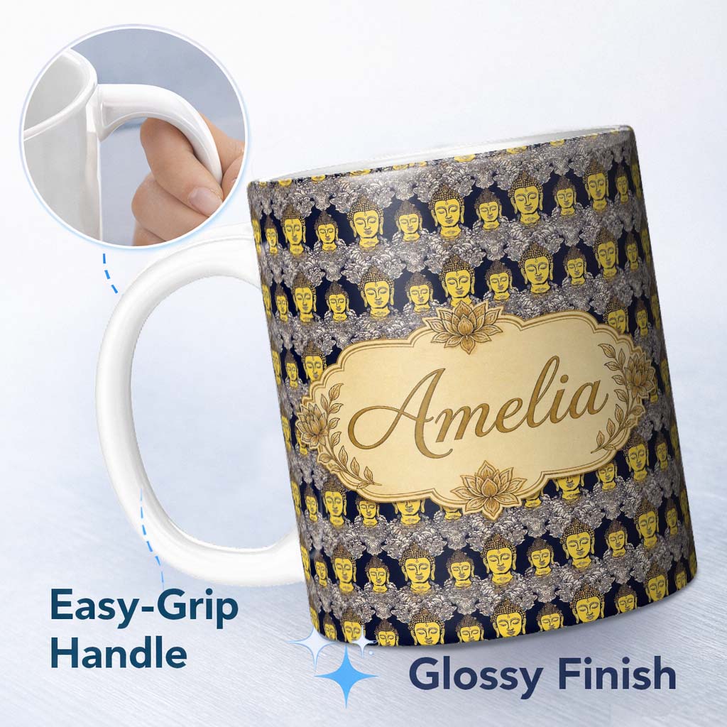 Personalized Custom Name Ornate Buddha Faces with Detailed Pattern Seamless Design Lovely 11oz Ceramic Coffee Tea Mug White Large Handle