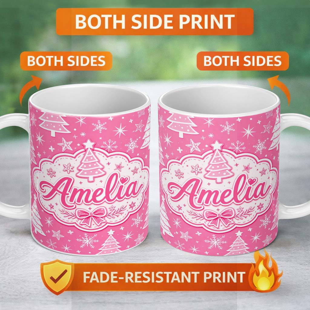 Personalized Custom Name Pink Christmas Trees Snowflake Star Seamless Pattern Lovely 11oz Ceramic Coffee Tea Mug White Large Handle