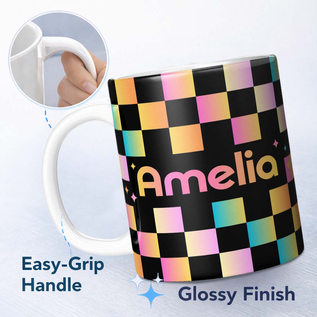 Personalized Custom Name Abstract Gradient Checkerboard Modern Seamless Pattern Lovely 11oz Ceramic Coffee Tea Mug White Large Handle