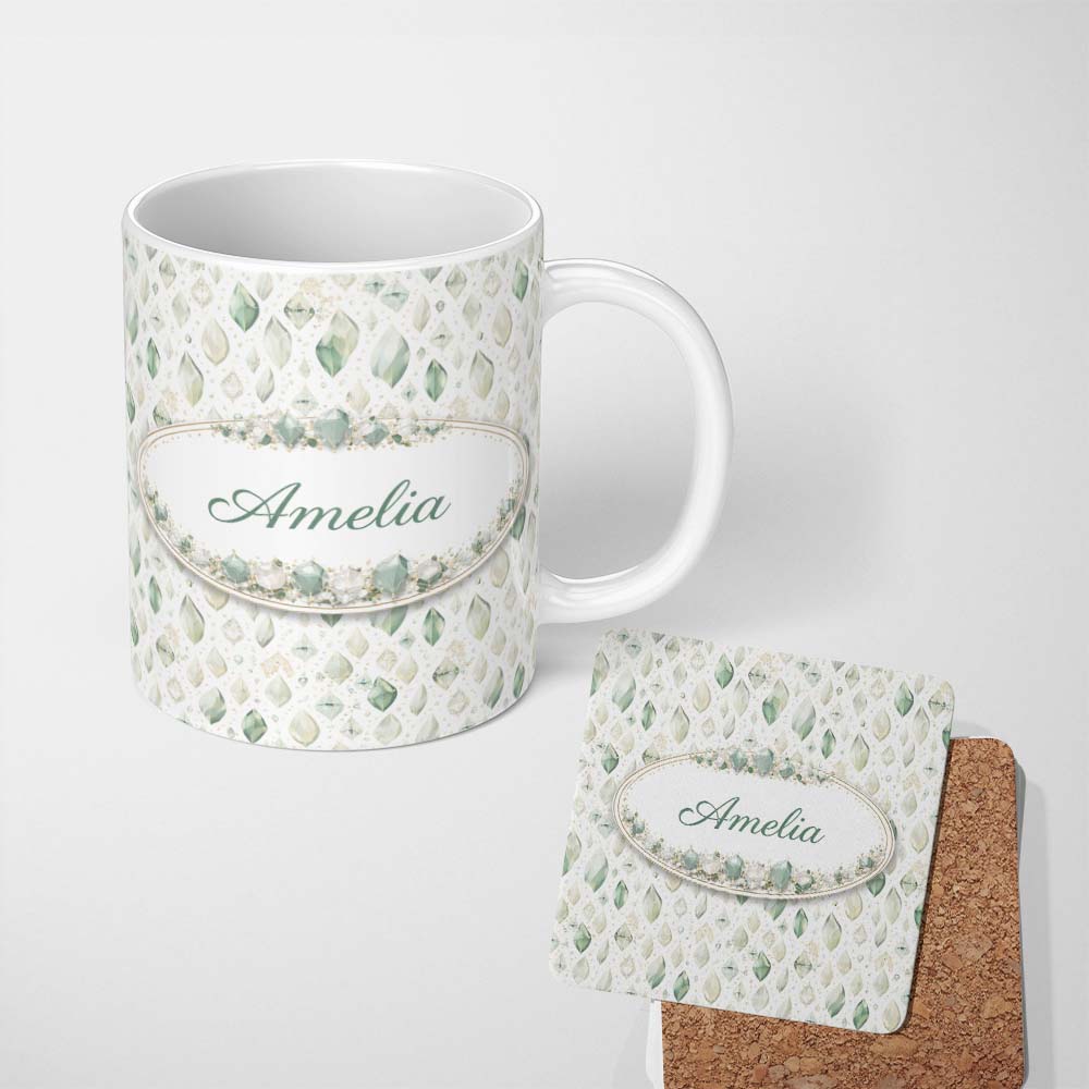 Personalized Custom Name Elegant Pale Crystal Seamless Pattern Minimal Soft Tone Gem Lovely 11oz Ceramic Coffee Tea Mug White Large Handle