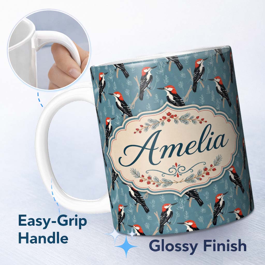 Personalized Custom Name Red Headed Woodpecker Birds on Blue Forest Background Seamless 11oz Ceramic Coffee Tea Mug White Large Handle