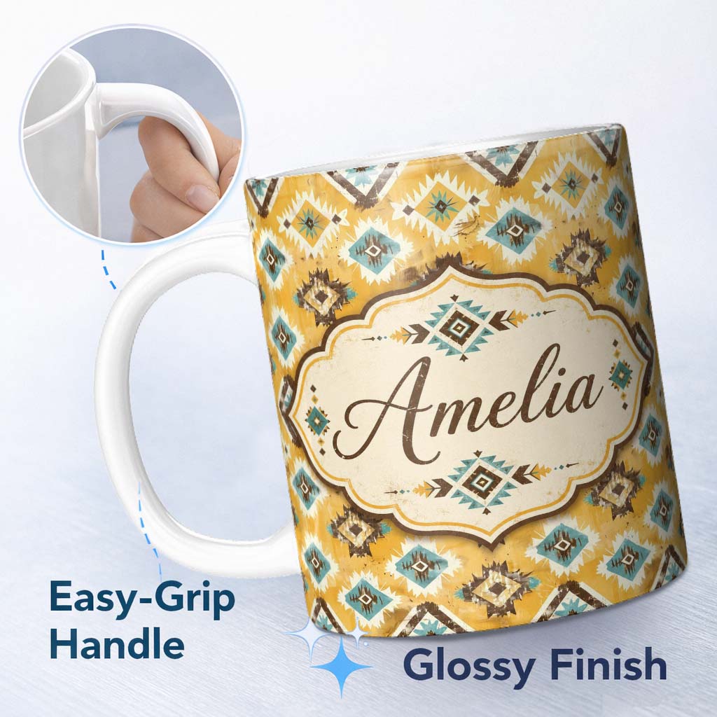Personalized Custom Name Mustard Yellow and Teal Aztec Geometric Tribal Seamless Pattern 11oz Ceramic Coffee Tea Mug White Large Handle
