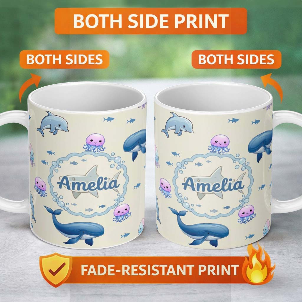 Personalized Custom Name Cute Dolphin Shark and Jellyfish Ocean Animals Neutral Beige Lovely 11oz Ceramic Coffee Tea Mug White Large Handle