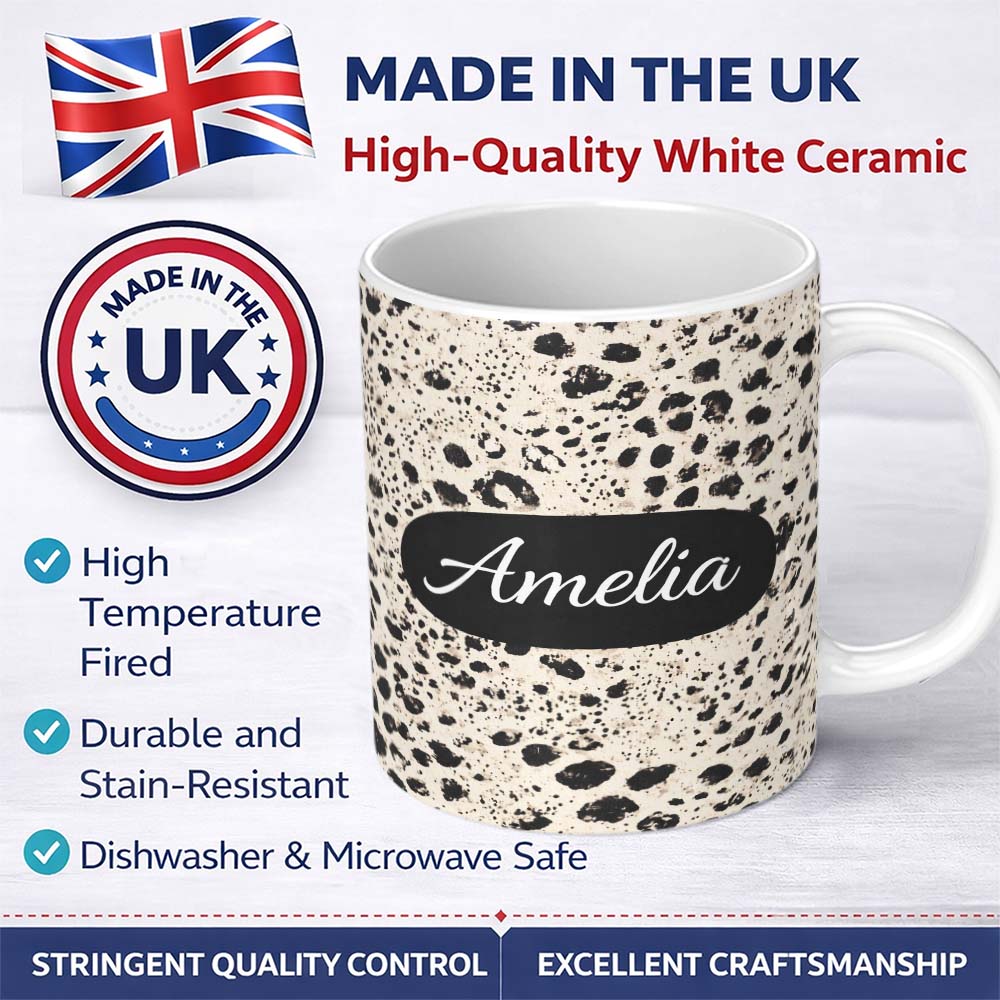 Personalized Custom Name Leopard Animal Print Black Cream Classic Safari Pattern Lovely 11oz Ceramic Coffee Tea Mug White Large Handle