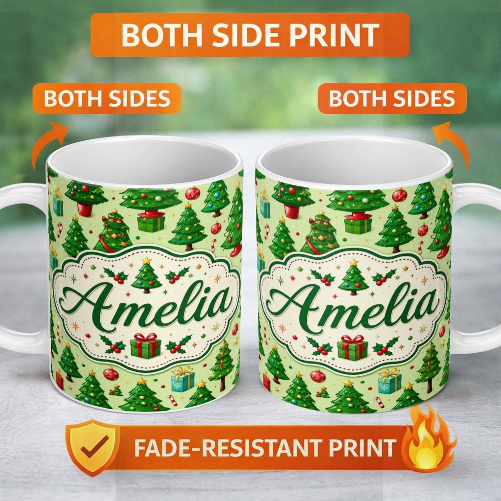 Personalized Custom Name Whimsical Christmas Trees Gifts Ornaments Festive Seamless Pattern 11oz Ceramic Coffee Tea Mug White Large Handle