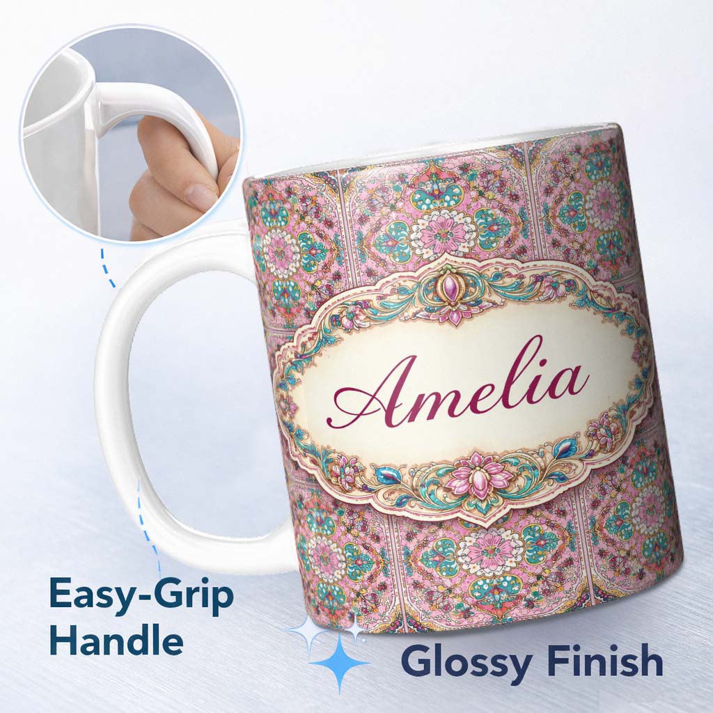 Personalized Custom Name Pink Teal Vintage Ornamental Tile Floral Pattern Symmetrical Design 11oz Ceramic Coffee Tea Mug White Large Handle