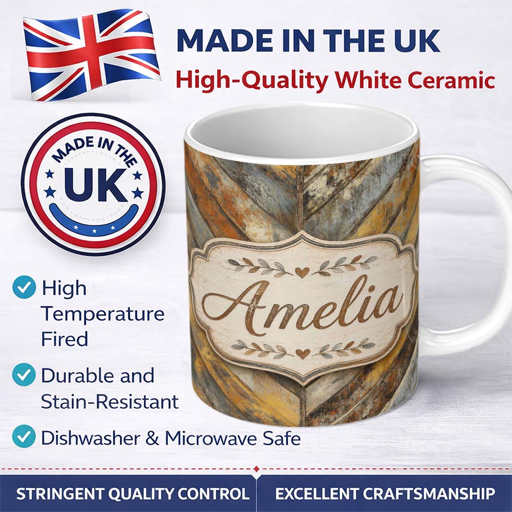 Personalized Custom Name Rustic Distressed Wood Chevron Pattern Vintage Texture Seamless 11oz Ceramic Coffee Tea Mug White Large Handle