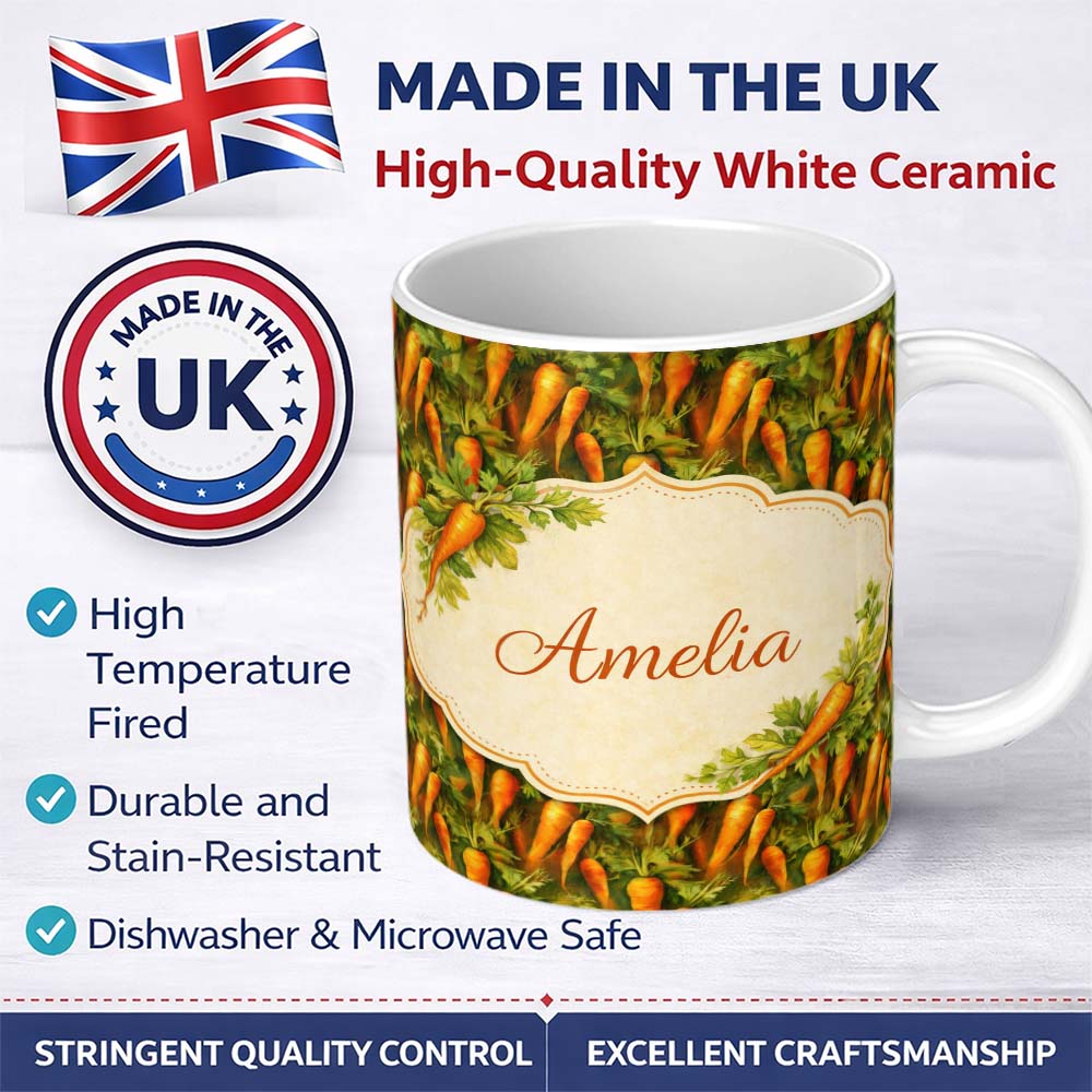 Personalized Custom Name Painterly Rustic Carrot Harvest Vegetable Seamless Pattern Lovely 11oz Ceramic Coffee Tea Mug White Large Handle