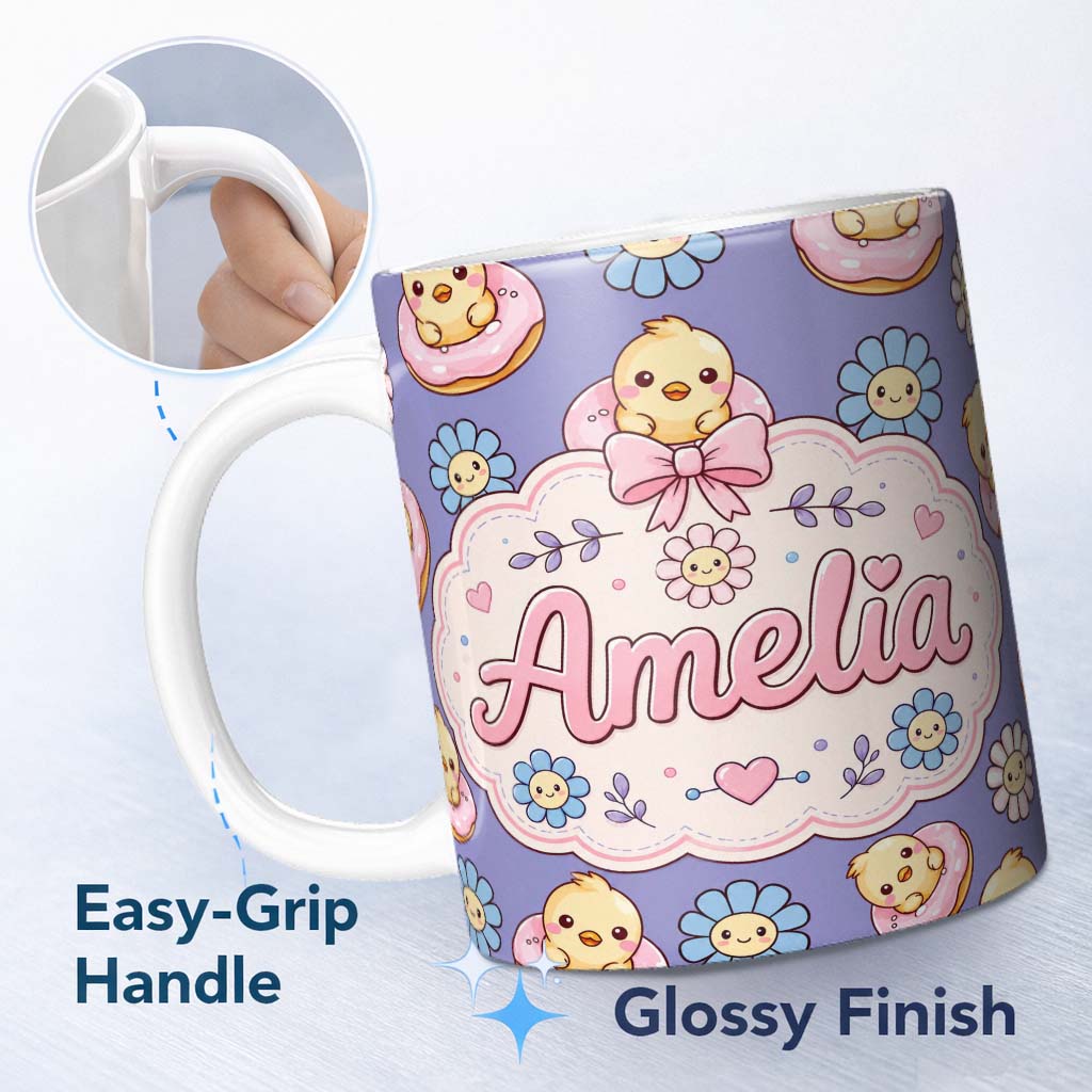 Personalized Custom Name Cute Baby Chick Donut Flowers Seamless Pattern Purple Background 11oz Ceramic Coffee Tea Mug White Large Handle