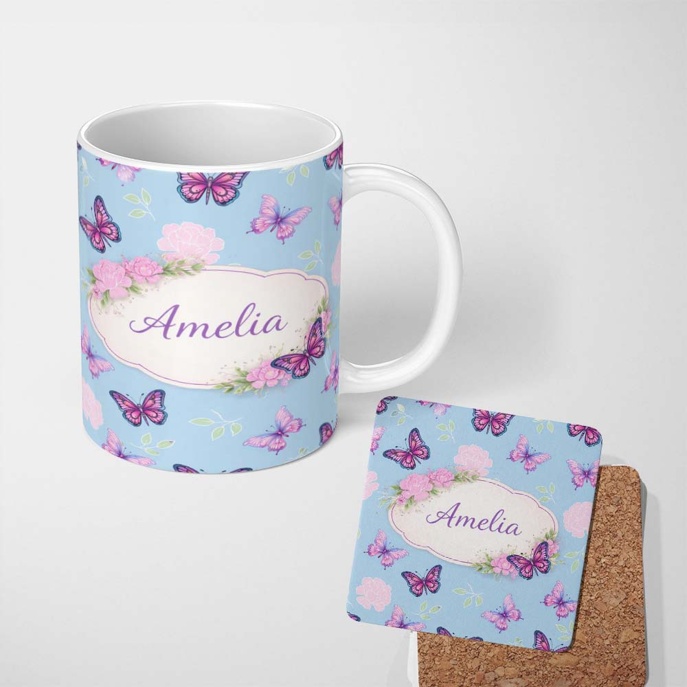 Personalized Custom Name Vibrant Pink Purple Butterflies Sky Blue Seamless Pattern Lovely 11oz Ceramic Coffee Tea Mug White Large Handle