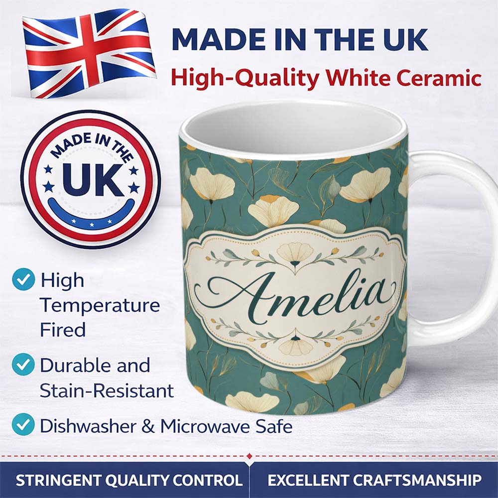 Personalized Custom Name Contemporary Teal Botanical Pattern with Soft Cream , Mustard Lovely 11oz Ceramic Coffee Tea Mug White Large Handle