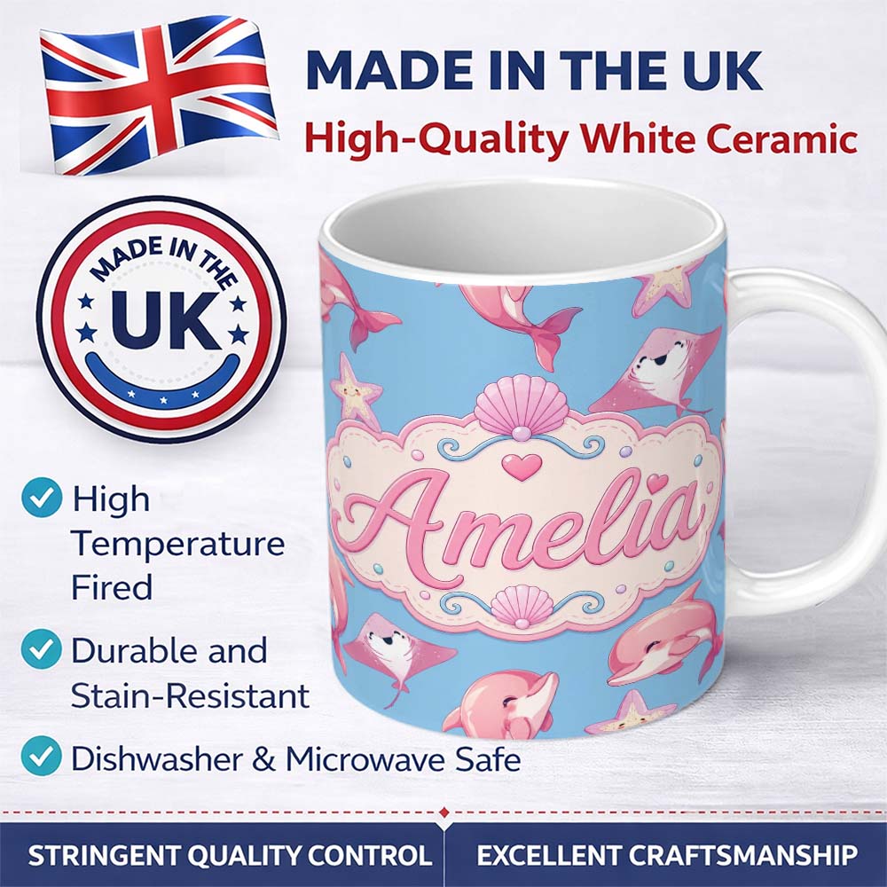 Personalized Custom Name Cute Pink Dolphin Stingray Starfish Ocean Creatures Light Blue 11oz Ceramic Coffee Tea Mug White Large Handle