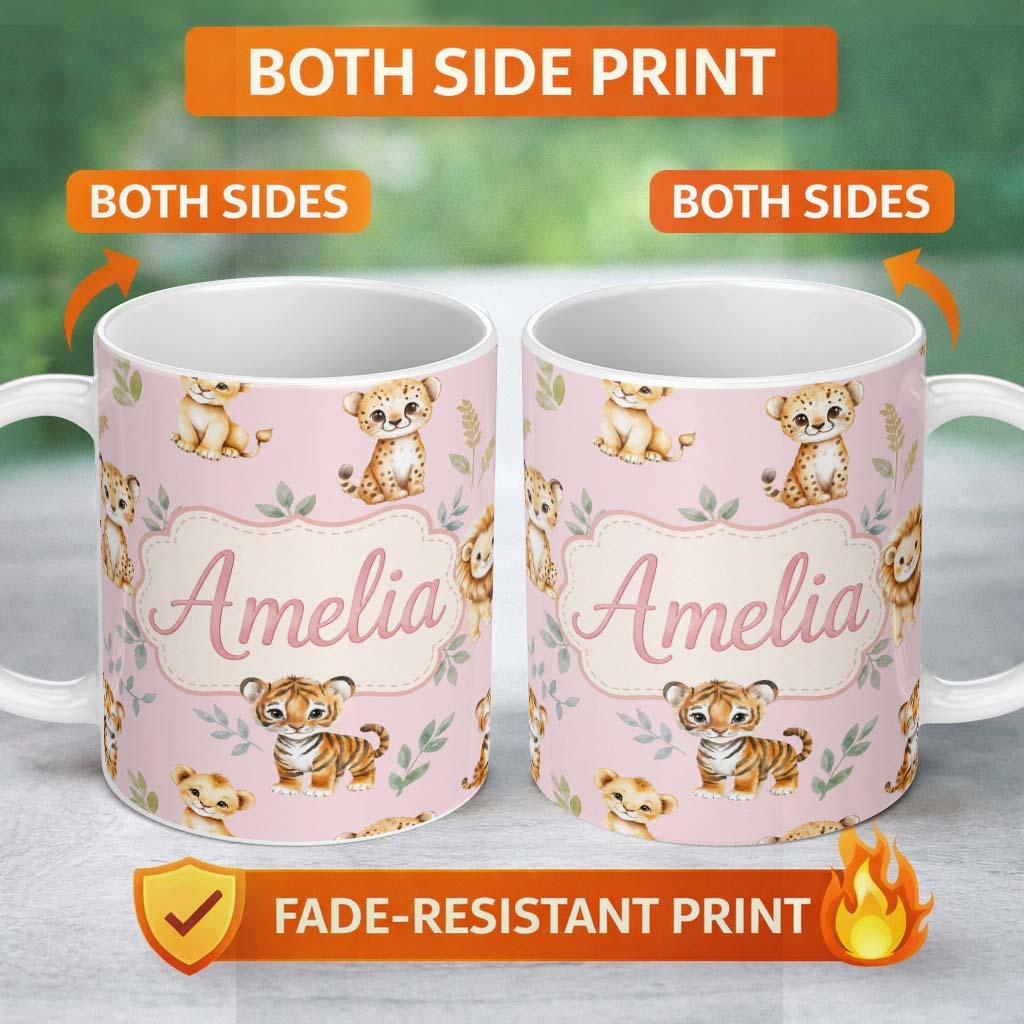 Personalized Custom Name Cute Baby Jungle Animals with Leaves on Dusty Rose Background Lovely 11oz Ceramic Coffee Tea Mug White Large Handle